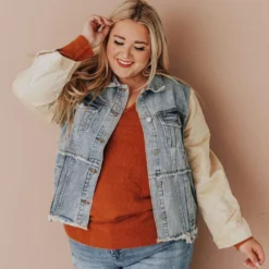 Vendor-unknown Plus Size EXCLUSIVE! Rebecca Denim Jacket With Corduroy Sleeves Bone