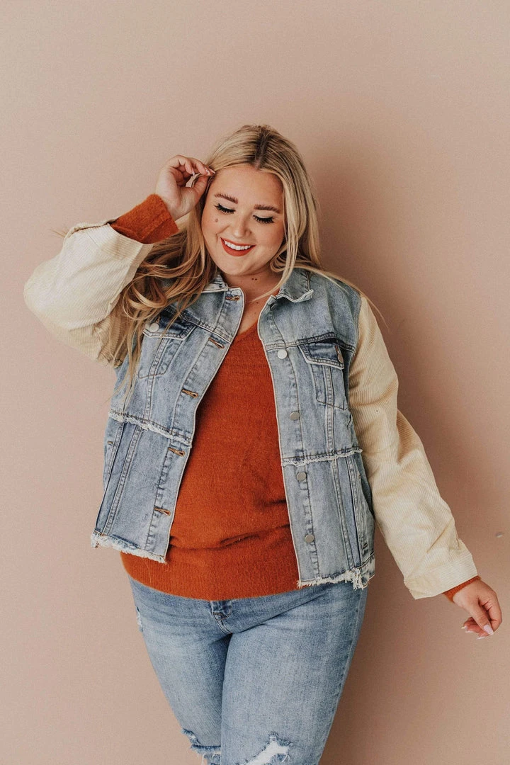 Vendor-unknown Plus Size EXCLUSIVE! Rebecca Denim Jacket With Corduroy Sleeves Bone 4 Vendor-unknown Plus Size EXCLUSIVE! Rebecca Denim Jacket With Corduroy Sleeves Bone