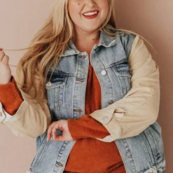 Vendor-unknown Plus Size EXCLUSIVE! Rebecca Denim Jacket With Corduroy Sleeves Bone