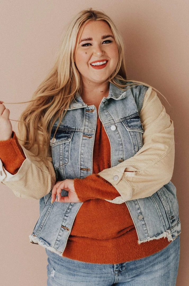 Vendor-unknown Plus Size EXCLUSIVE! Rebecca Denim Jacket With Corduroy Sleeves Bone 3 Vendor-unknown Plus Size EXCLUSIVE! Rebecca Denim Jacket With Corduroy Sleeves Bone