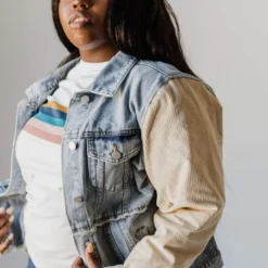 Vendor-unknown Plus Size EXCLUSIVE! Rebecca Denim Jacket With Corduroy Sleeves Bone 17 Vendor-unknown Plus Size EXCLUSIVE! Rebecca Denim Jacket With Corduroy Sleeves Bone
