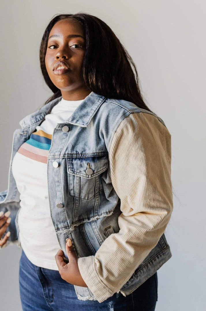 Vendor-unknown Plus Size EXCLUSIVE! Rebecca Denim Jacket With Corduroy Sleeves Bone 8 Vendor-unknown Plus Size EXCLUSIVE! Rebecca Denim Jacket With Corduroy Sleeves Bone