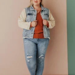 Vendor-unknown Plus Size EXCLUSIVE! Rebecca Denim Jacket With Corduroy Sleeves Bone 14 Vendor-unknown Plus Size EXCLUSIVE! Rebecca Denim Jacket With Corduroy Sleeves Bone