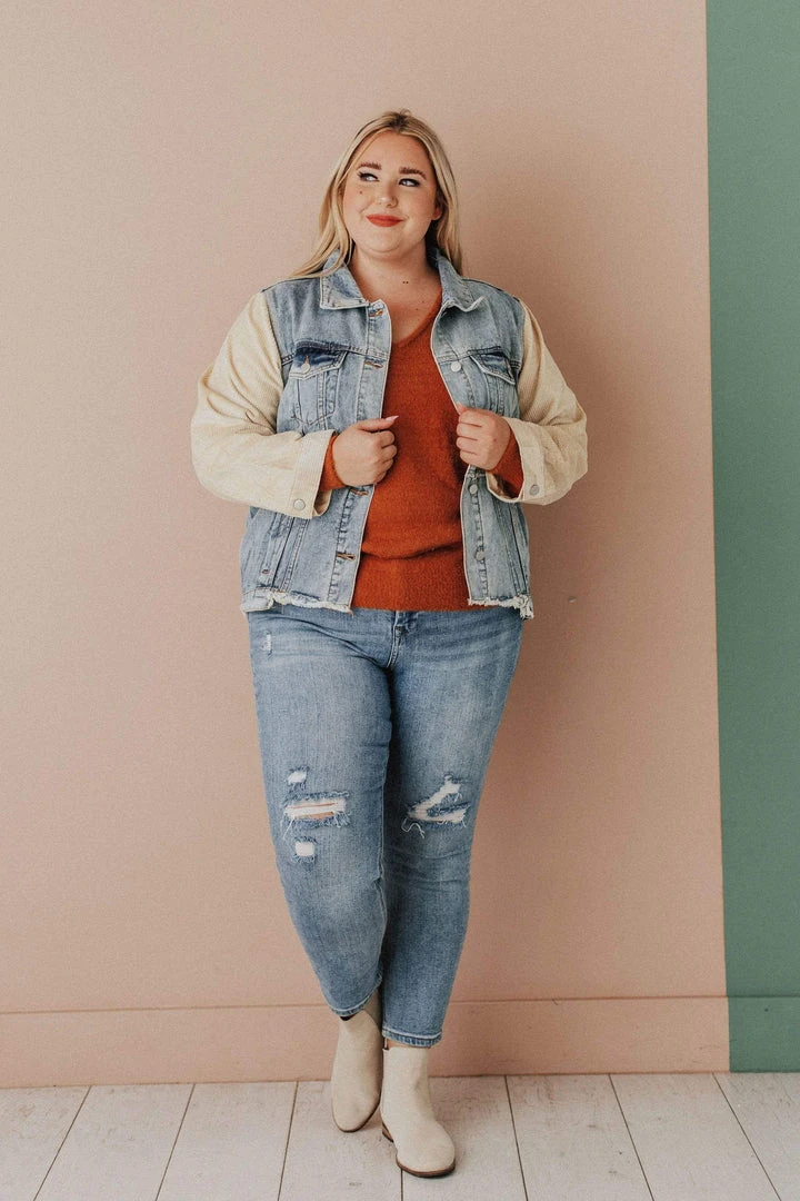 Vendor-unknown Plus Size EXCLUSIVE! Rebecca Denim Jacket With Corduroy Sleeves Bone 5 Vendor-unknown Plus Size EXCLUSIVE! Rebecca Denim Jacket With Corduroy Sleeves Bone