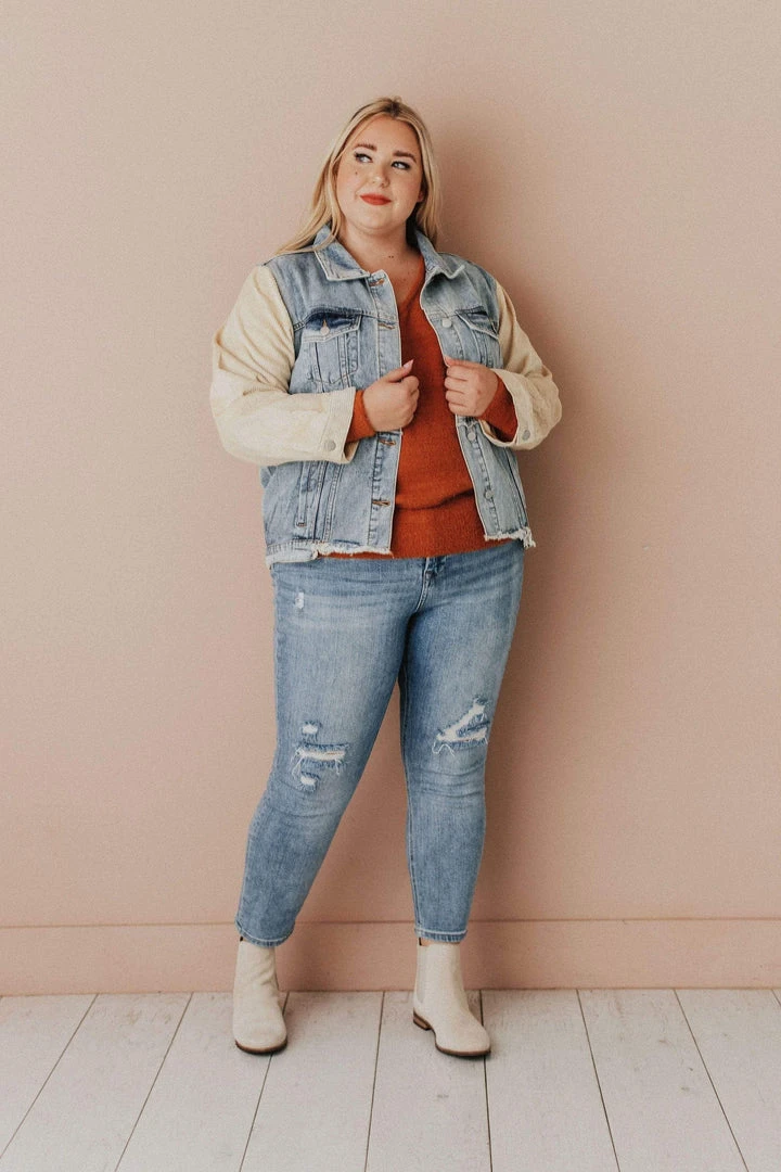 Vendor-unknown Plus Size EXCLUSIVE! Rebecca Denim Jacket With Corduroy Sleeves Bone 6 Vendor-unknown Plus Size EXCLUSIVE! Rebecca Denim Jacket With Corduroy Sleeves Bone