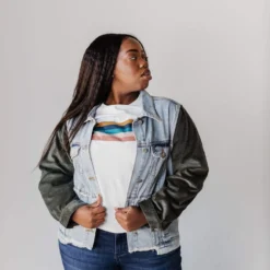 Vendor-unknown Plus Size EXCLUSIVE! Rebecca Denim Jacket With Corduroy Sleeves Olive