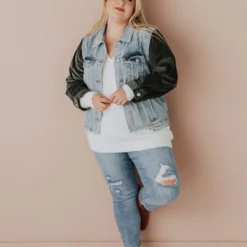 Vendor-unknown Plus Size EXCLUSIVE! Rebecca Denim Jacket With Corduroy Sleeves Olive