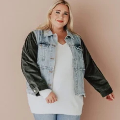 Vendor-unknown Plus Size EXCLUSIVE! Rebecca Denim Jacket With Corduroy Sleeves Olive