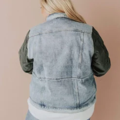 Vendor-unknown Plus Size EXCLUSIVE! Rebecca Denim Jacket With Corduroy Sleeves Olive