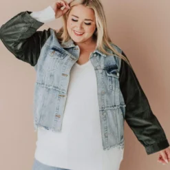 Vendor-unknown Plus Size EXCLUSIVE! Rebecca Denim Jacket With Corduroy Sleeves Olive