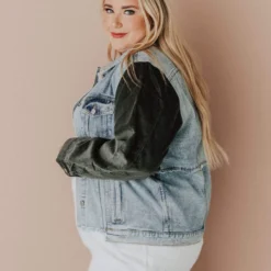 Vendor-unknown Plus Size EXCLUSIVE! Rebecca Denim Jacket With Corduroy Sleeves Olive