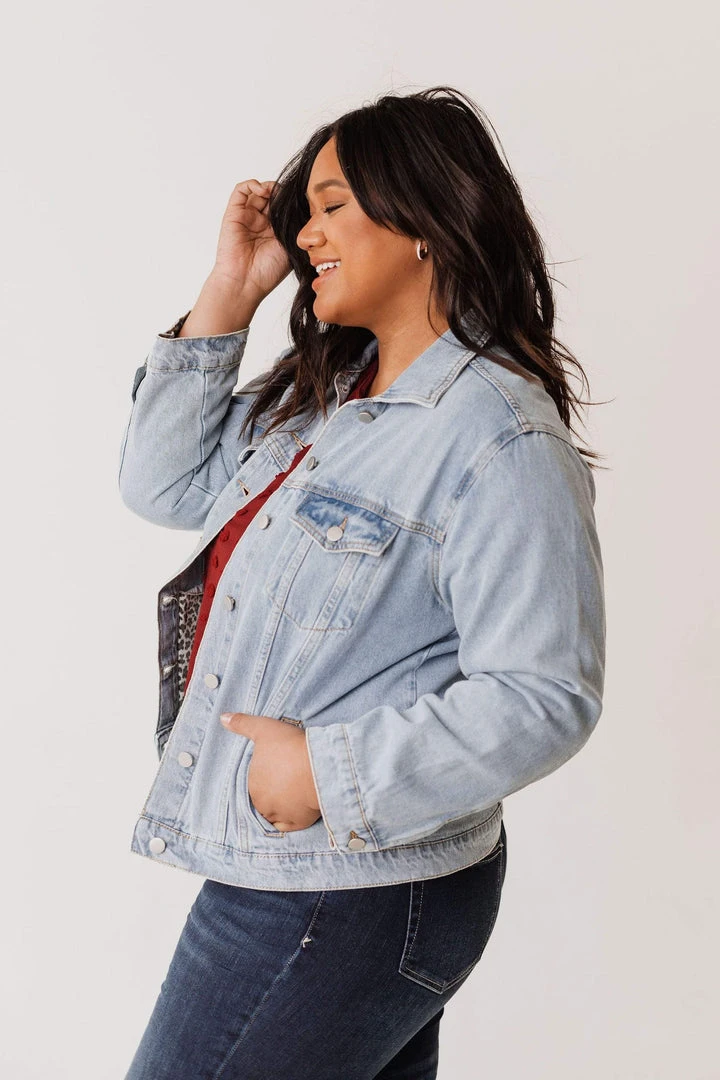 Vendor-unknown Plus Size EXCLUSIVE! Shirley Denim Jacket With Leopard Lined Pockets Tops 6 Vendor-unknown Plus Size EXCLUSIVE! Shirley Denim Jacket With Leopard Lined Pockets Tops
