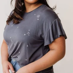 Vendor-unknown Tops Plus Size Horoscope Embroidered Tee Charcoal