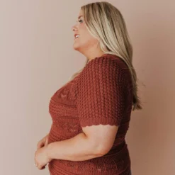 Vendor-unknown Plus Size Lacey Short Sleeve Knit Sweater Marsala