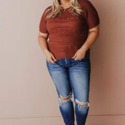 Vendor-unknown Plus Size Lacey Short Sleeve Knit Sweater Marsala