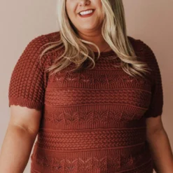 Vendor-unknown Plus Size Lacey Short Sleeve Knit Sweater Marsala