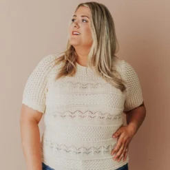Vendor-unknown Plus Size Lacey Short Sleeve Knit Sweater Natural