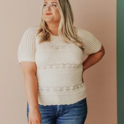 Vendor-unknown Plus Size Lacey Short Sleeve Knit Sweater Natural