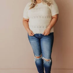 Vendor-unknown Plus Size Lacey Short Sleeve Knit Sweater Natural