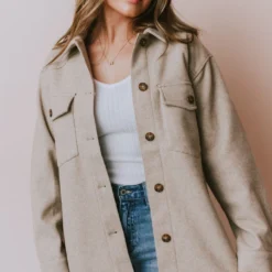 Lucy Avenue Tops Charlotte Fleece Shacket Oatmeal