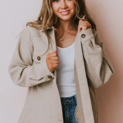 Lucy Avenue Tops Charlotte Fleece Shacket Oatmeal