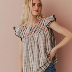 Vendor-unknown Tops Stephanie Striped Embroidered Blouse