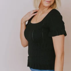 Vendor-unknown Tops Annalie Pointelle Short Sleeve Sweater Black