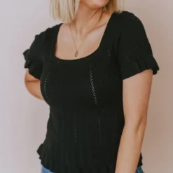 Vendor-unknown Tops Annalie Pointelle Short Sleeve Sweater Black