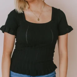 Vendor-unknown Tops Annalie Pointelle Short Sleeve Sweater Black