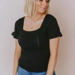 Vendor-unknown Tops Annalie Pointelle Short Sleeve Sweater Black