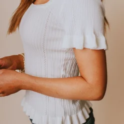 Vendor-unknown Tops Annalie Pointelle Short Sleeve Sweater Ivory