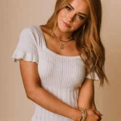 Vendor-unknown Tops Annalie Pointelle Short Sleeve Sweater Ivory