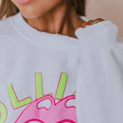 LivyLu Tops Rolling Stones Neon Puff Sweatshirt White