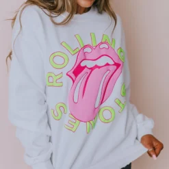 LivyLu Tops Rolling Stones Neon Puff Sweatshirt White