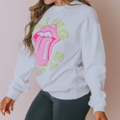 LivyLu Tops Rolling Stones Neon Puff Sweatshirt White