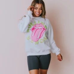 LivyLu Tops Rolling Stones Neon Puff Sweatshirt White