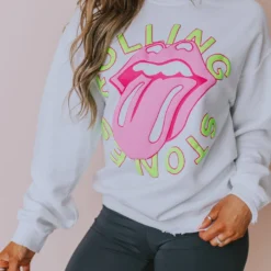 LivyLu Tops Rolling Stones Neon Puff Sweatshirt White