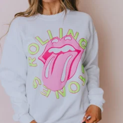 LivyLu Tops Rolling Stones Neon Puff Sweatshirt White