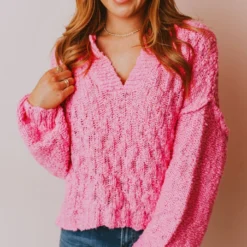Vendor-unknown Tops Paige Textured Knit Sweater Pink