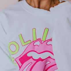 LivyLu Tops Rolling Stones Neon Puff Sweatshirt White