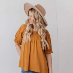 Vendor-unknown Viola Smocked Yoke Top Mustard Tops